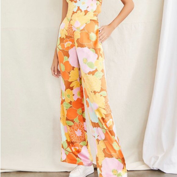 Forever 21 Pants - Forever 21 Floral Satin Wide-Leg Pants Size L